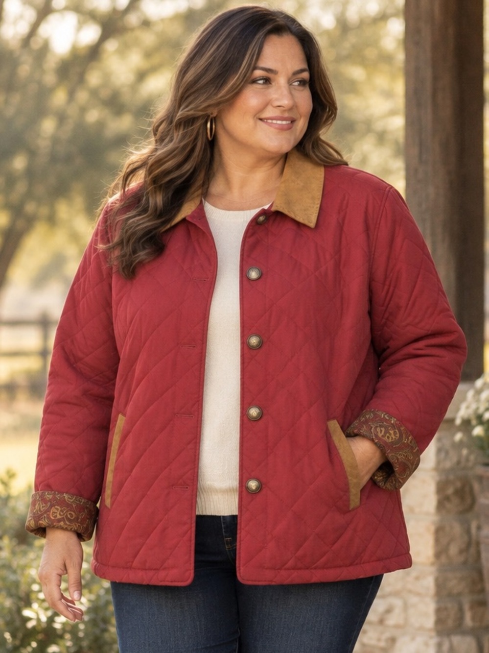 Orvis Quilted Barn Chore Jacket Red Faux Suede Collar Paisley Lined
